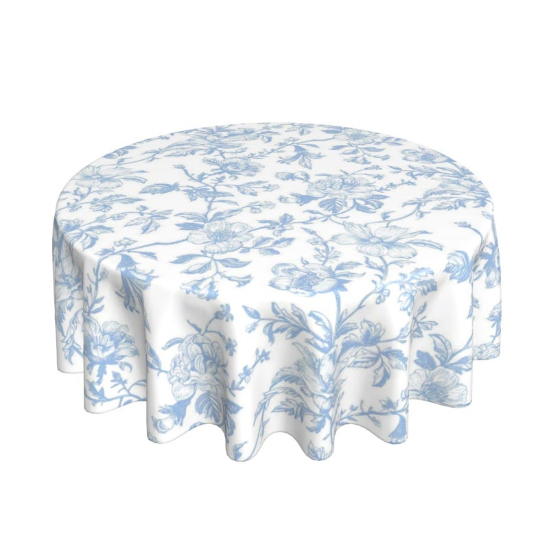 GOLIANDA Baby Blue Floral Round Tablecloth 70 Inch Chinoiserie Flower Toile Blue Table Cloth Vintage Polyester Farmhouse Round Floral Table Cover for Party Dining Picnic Kitchen Decor Indoor Outdoor - Image 2