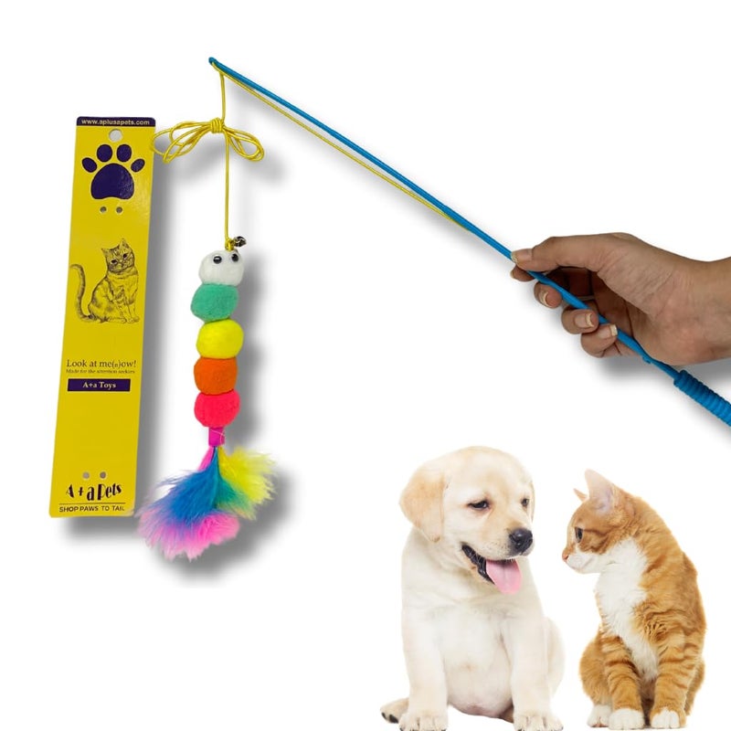 A+a Pets ' Cat Wand Teaser Interactive Toy with Feather Tail Play Toy for Cats, Puppies, and Small Animals (Pom) - Image 1