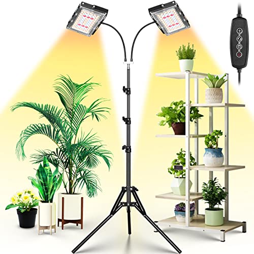 LBW Grow Light for Indoor Plants, Dual Heads Full Spectrum LED, Auto On/Off Timer, 6 Dimmable Levels, 3 Switch Modes, Adjustable Tripod Stand 15-63 inches - Image 1