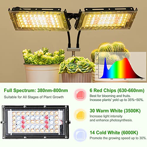 LBW Grow Light for Indoor Plants, Dual Heads Full Spectrum LED, Auto On/Off Timer, 6 Dimmable Levels, 3 Switch Modes, Adjustable Tripod Stand 15-63 inches - Image 3