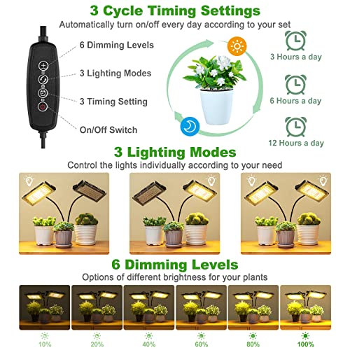 LBW Grow Light for Indoor Plants, Dual Heads Full Spectrum LED, Auto On/Off Timer, 6 Dimmable Levels, 3 Switch Modes, Adjustable Tripod Stand 15-63 inches - Image 4