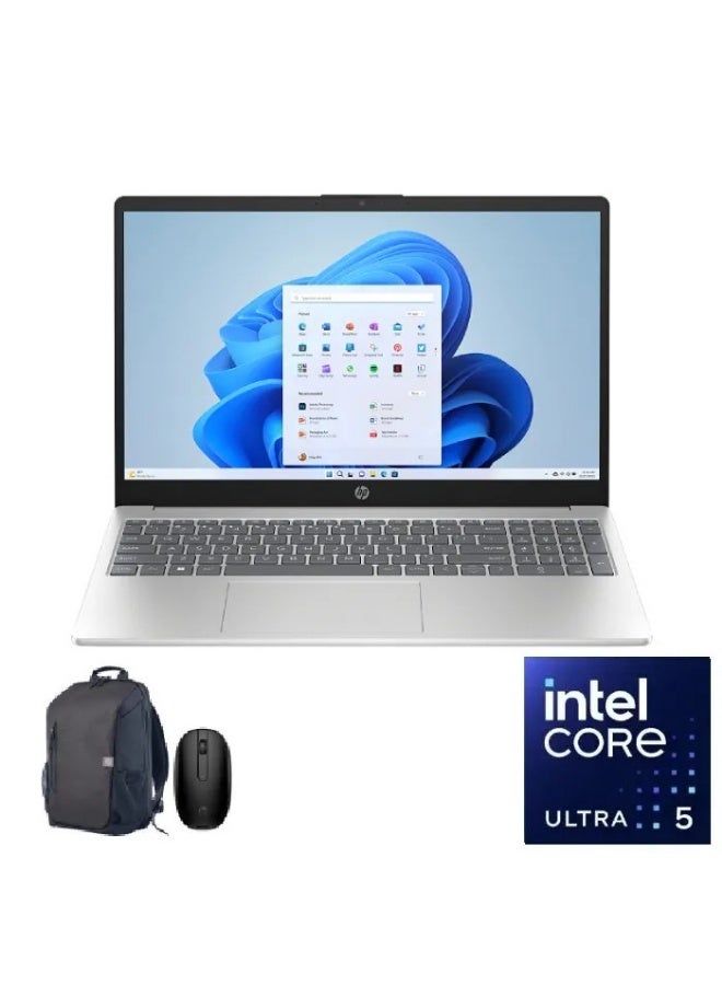 HP 15 FD2036ne Laptop, Intel Core Ultra 5 225U, 8GB RAM, 512GB SSD, Windows 11, with Bag & Mouse silver