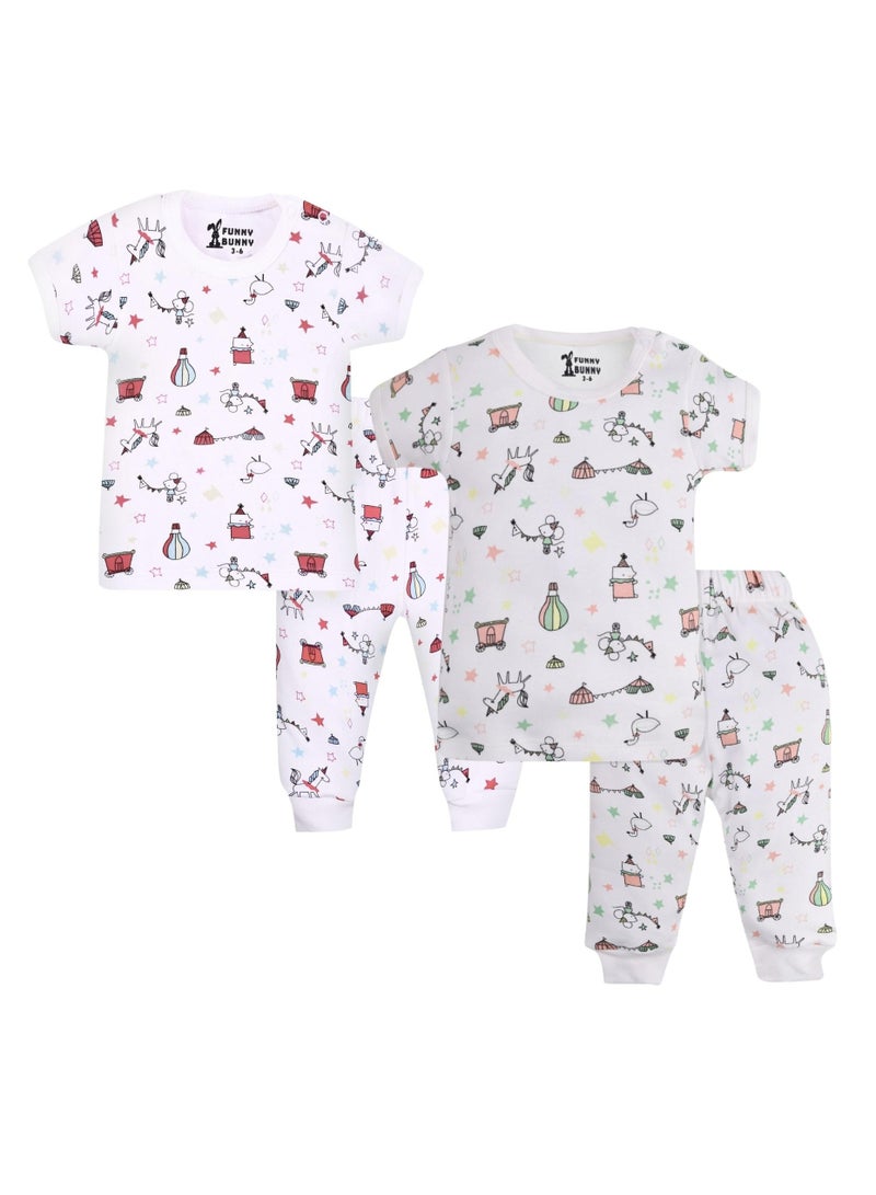 فاني باني فانى بانى مجموعة من قطعتين من ملابس نوم الأطفال بنصف كم وبنطلون، بيجاما قطنية بطبعات بيضاء - Image 1