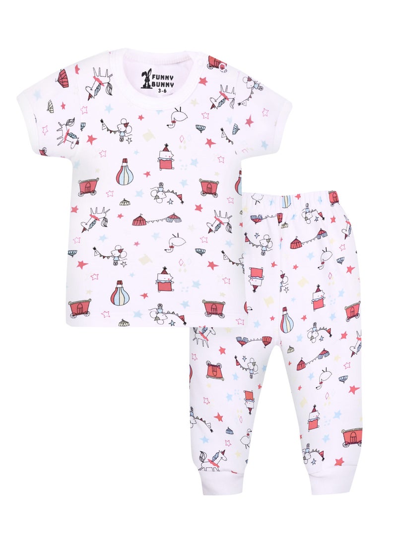 فاني باني فانى بانى مجموعة من قطعتين من ملابس نوم الأطفال بنصف كم وبنطلون، بيجاما قطنية بطبعات بيضاء - Image 2