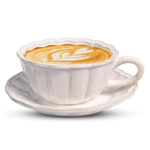 Alarrar 12 OZ Latte Cup with Saucer, Cappuccino Cup Vintage Cafe Art Cups for Espresso Turkish Coffee, Farmhouse Latte Mugs Tea Cups and Saucers Porcelain Set for Christmas Thanksgiving Day Gift - Image 1