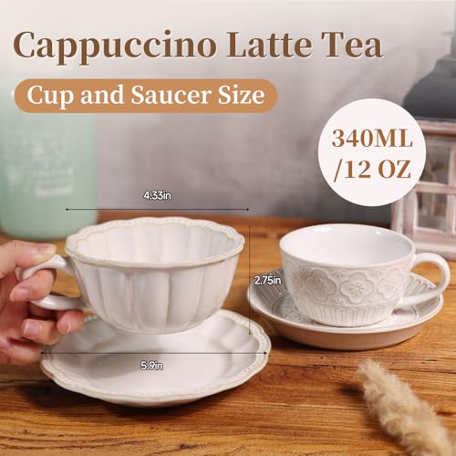 Alarrar 12 OZ Latte Cup with Saucer, Cappuccino Cup Vintage Cafe Art Cups for Espresso Turkish Coffee, Farmhouse Latte Mugs Tea Cups and Saucers Porcelain Set for Christmas Thanksgiving Day Gift - Image 2