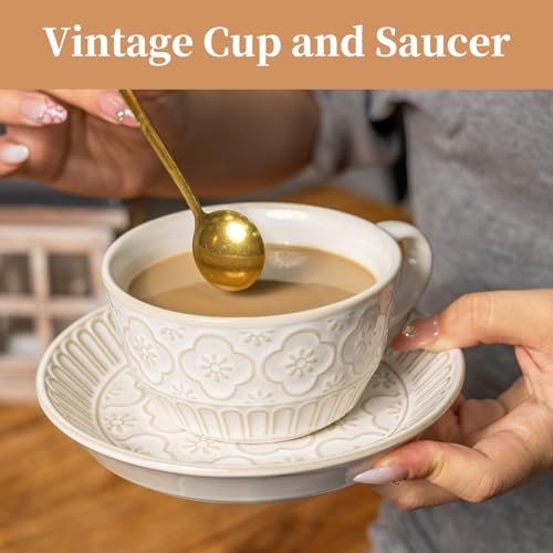 Alarrar 12 OZ Latte Cup with Saucer, Cappuccino Cup Vintage Cafe Art Cups for Espresso Turkish Coffee, Farmhouse Latte Mugs Tea Cups and Saucers Porcelain Set for Christmas Thanksgiving Day Gift - Image 4