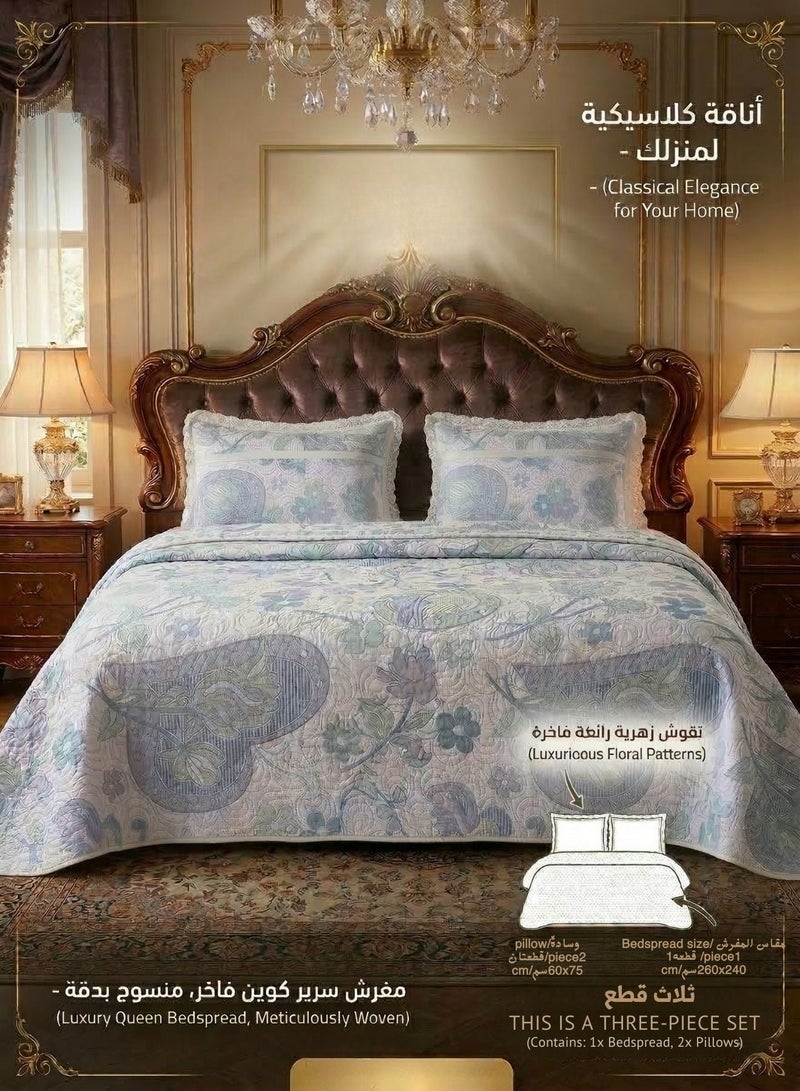 Luxury  Bedspread Set, 3-Piece - Classical Floral Patterns with Meticulous Weaving - Size 240x260 cm - Image 2