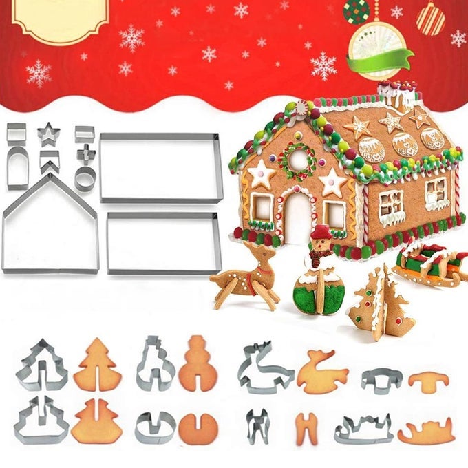 CHRISTMAS GINGERBREAD HOUSE COOKIE CUTTERS SET 18 PIECES 3D GINGER BREAD KIT MOULD FOR XMAS WINTER HOLIDAY STAINLESS STEEL BISCUIT MOLDS FOR BAKING DIY FESTIVE DECORATION
