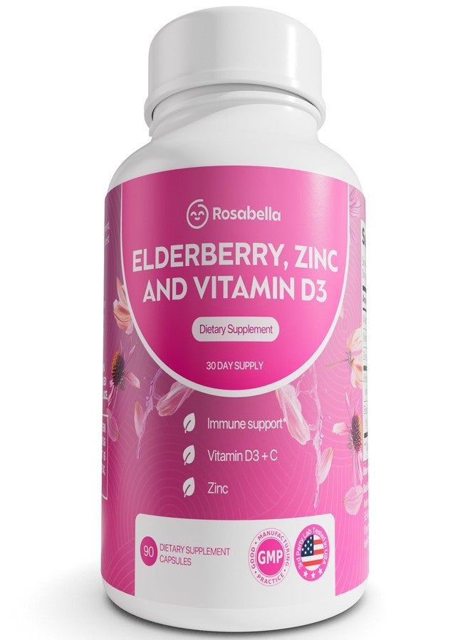 Rosabella Elderberry, Zinc & Vitamin D3 Capsules – Elderberry Supplement with Echinacea, Vitamin C & Zinc, Immune Support Supplement for Daily Wellness, Vegan Capsules – 90 Count (Pack of 1) - Image 1