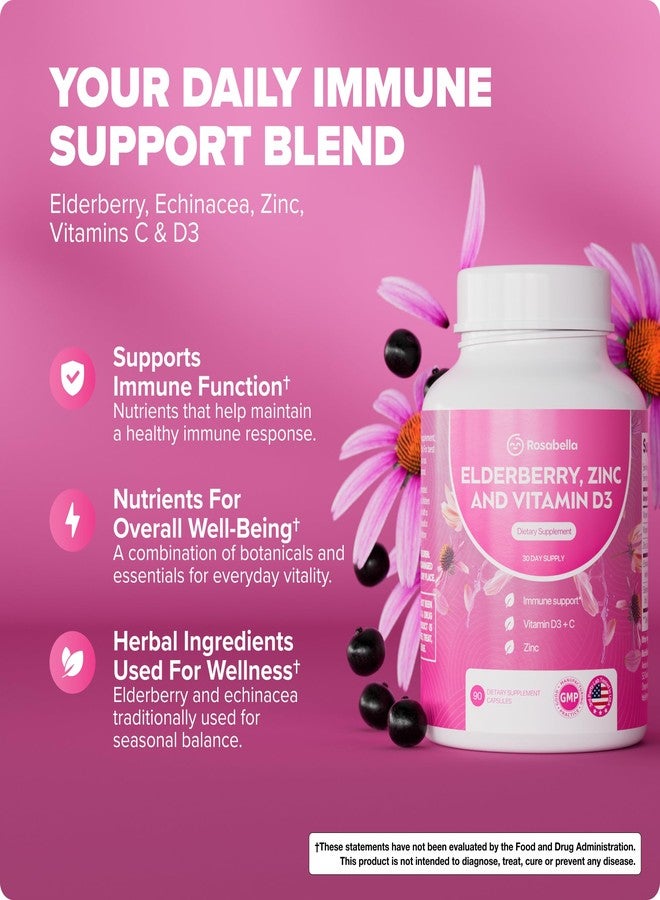 Rosabella Elderberry, Zinc & Vitamin D3 Capsules – Elderberry Supplement with Echinacea, Vitamin C & Zinc, Immune Support Supplement for Daily Wellness, Vegan Capsules – 90 Count (Pack of 1) - Image 2