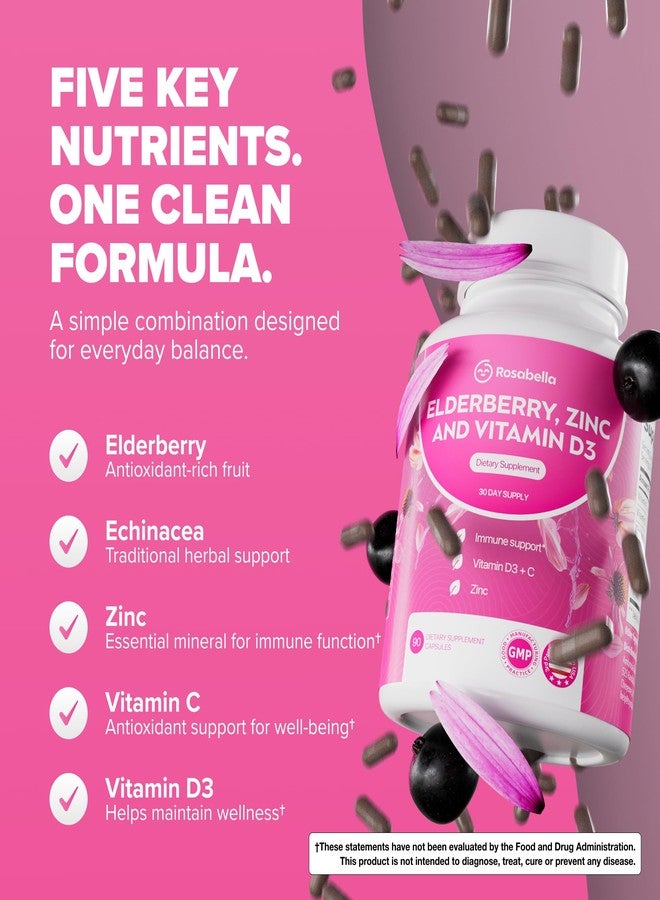 Rosabella Elderberry, Zinc & Vitamin D3 Capsules – Elderberry Supplement with Echinacea, Vitamin C & Zinc, Immune Support Supplement for Daily Wellness, Vegan Capsules – 90 Count (Pack of 1) - Image 4