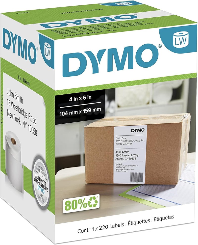 DYMO Authentic LW Extra-Large Shipping Labels for LabelWriter 5XL and 4XL Printers - 1 Roll of 220 Labels, 4" x 6" (10.2 cm x 15.2 cm), White - Image 1