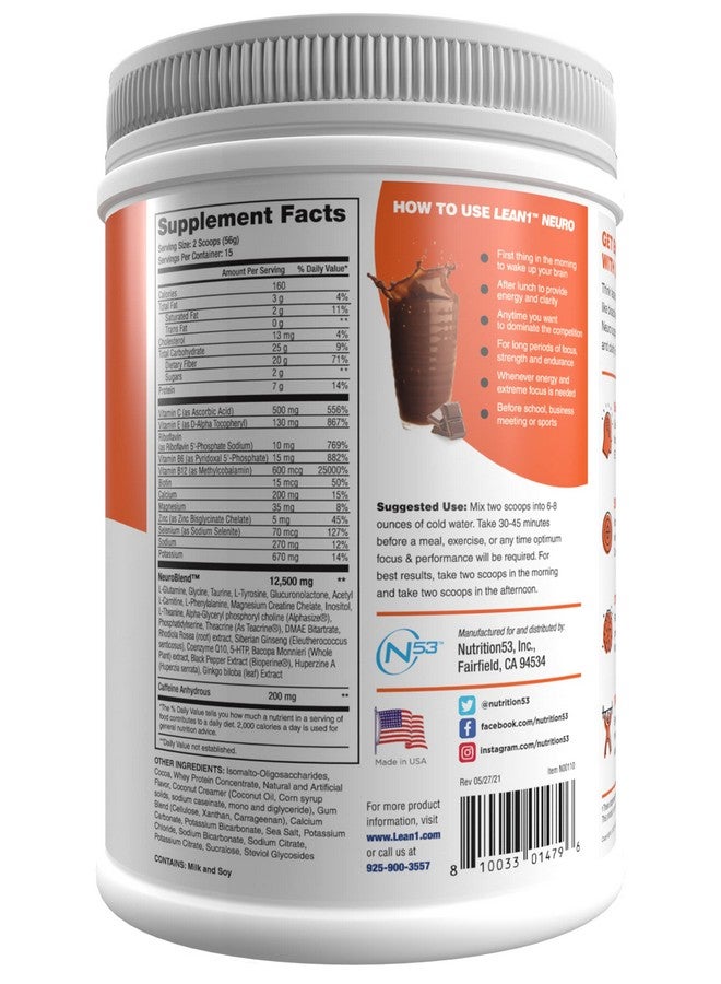لين1 مشروب الطاقة العقلية من Lean1 Neuro Chocolate، عبوة تحتوي على 15 وجبة من Nutrition53 - Image 2