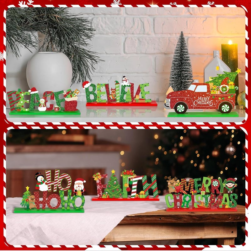 Marsui 12 Pcs Christmas Wooden Table Decor Xmas Decorative Table Centerpiece Merry Christmas Wood Table Signs Hope Believe Joy Noel Peace Love Wooden Signs for Home Party Decoration - Image 4