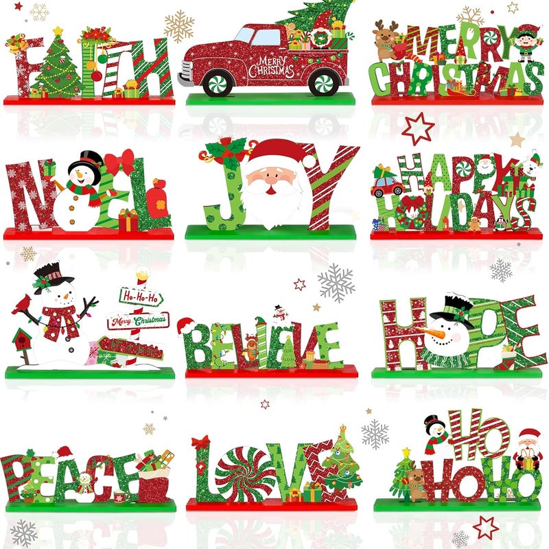 Marsui 12 Pcs Christmas Wooden Table Decor Xmas Decorative Table Centerpiece Merry Christmas Wood Table Signs Hope Believe Joy Noel Peace Love Wooden Signs for Home Party Decoration - Image 1