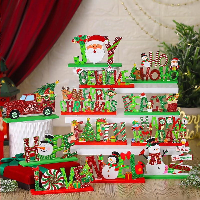 Marsui 12 Pcs Christmas Wooden Table Decor Xmas Decorative Table Centerpiece Merry Christmas Wood Table Signs Hope Believe Joy Noel Peace Love Wooden Signs for Home Party Decoration - Image 2