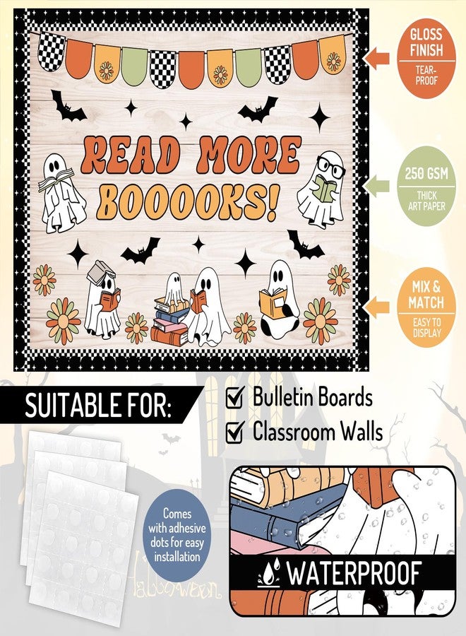 Whaline 79 Pcs Halloween Ghost Bulletin Board Decoration Boho Reading Ghost Bats Read More Booooks Paper Cutouts with 200 Pcs Glue Points for Halloween Holiday Party Classroom Office Chalkboard Wall - Image 3
