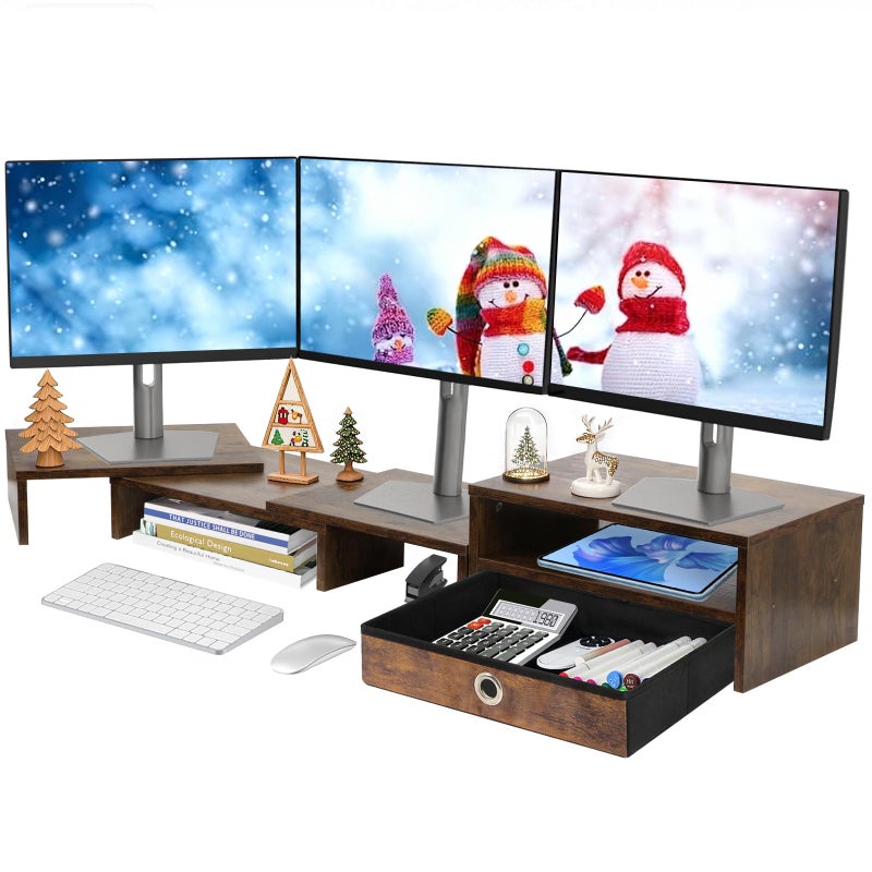 Caredear Monitor Riser for 3 Monitors, Dual Monitor Stand for Desk, Triple Monitor Stand with Drawer, Dual Monitor Stand with Storage, Extra Long Triple Monitor Riser up to 52", Angle Adjustable - Image 1