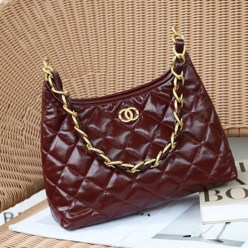 Chanel Style Diamond Chain Oil Wax Cowhide Underarm Bag High-end Niche Design Shoulder Crossbody Tote Bag Womens Bag Bordeaux wine red
