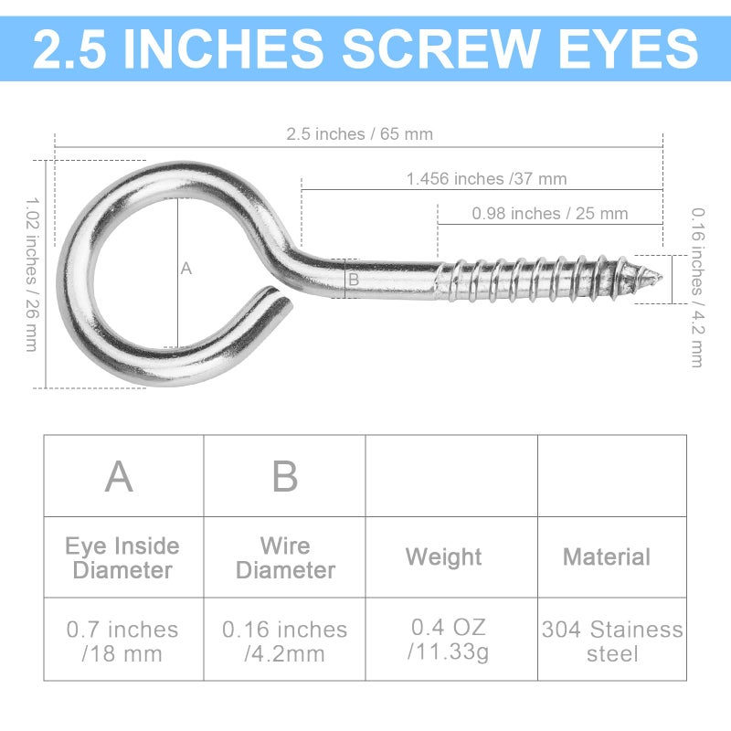 Aovchei 304 Stainless Steel Eye Screws - 9 Pcs 2.5"" Heavy Duty Screw Hooks  Rust-Resistant Self Tapping For Wood  Cables & Artwork Hanging (Indoor/Outdoor) - Image 3