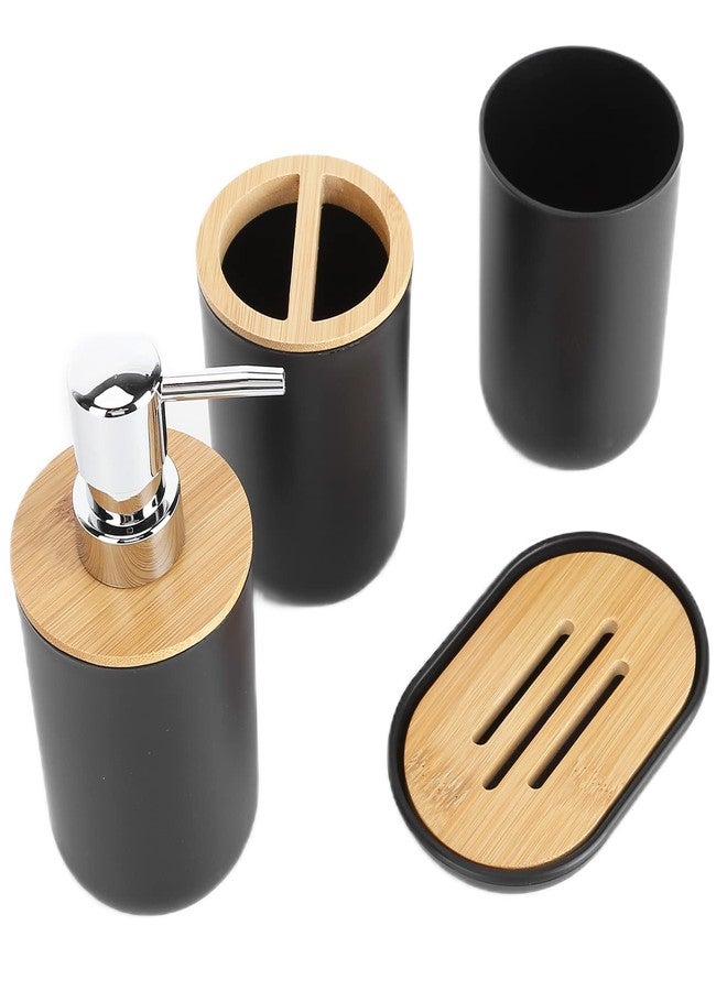 EBTOOLS Set of 4 Complete Bathroom Accessories, Bathroom Set with Toothbrush Holder, Dish, Lotion Dispenser and Cup, in Plastic + Bamboo(Black) - Image 1