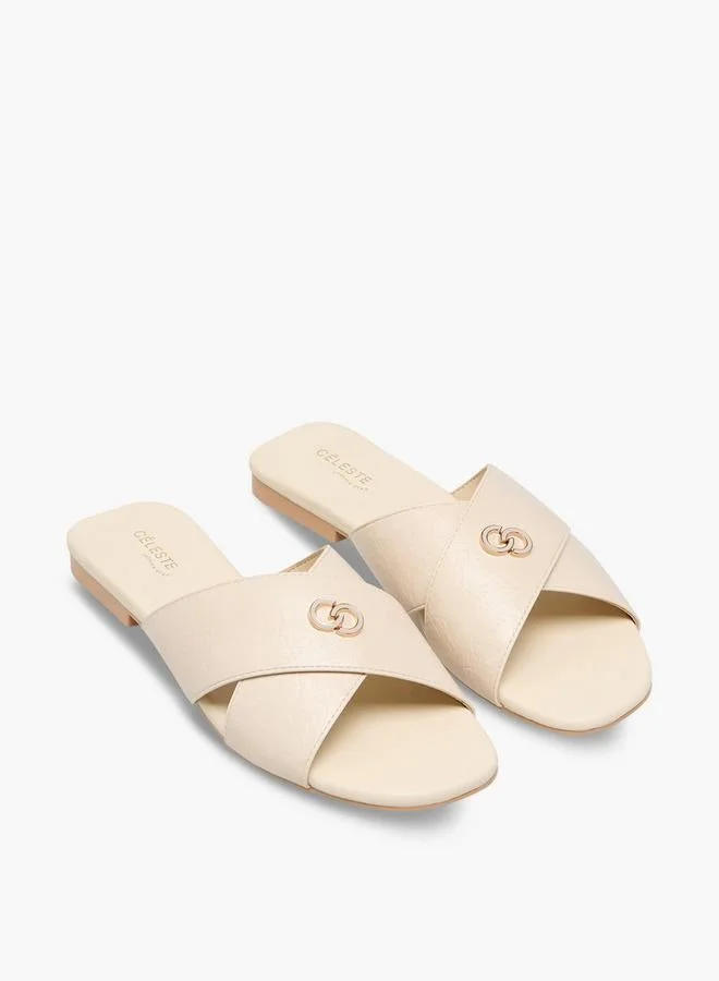 Celeste IVORY Women Cross Strap Slide Sandals for Women | Best Price UAE