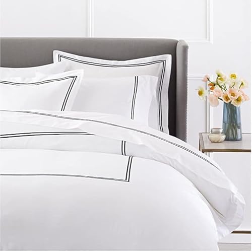 BedDecor 400 Thread Count Egyptian Cotton Duvet Cover Set, Soft Breathable Bedding with 2-Stripe Embroidery, Zipper Closure & Corner Ties, Twin, Black - Image 1