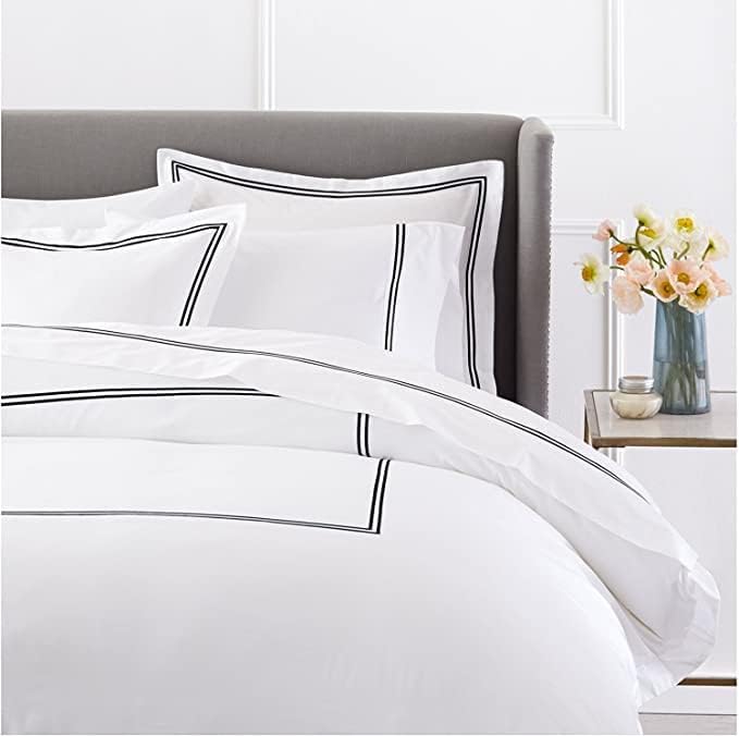 BedDecor 400 Thread Count Egyptian Cotton Duvet Cover Set, Soft Breathable Bedding with 2-Stripe Embroidery, Zipper Closure & Corner Ties, Twin, Black - Image 2