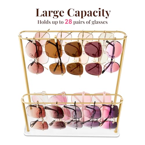 Josmimic Sunglasses Organizer Glasses Holder Stand with Tray, Eye Glasses Display, 2 Tier Sunglass Storage Rack for Multiple Glasses, for Desk, Nightstand, Dresser, Vanity, Metal, Gold - Image 2
