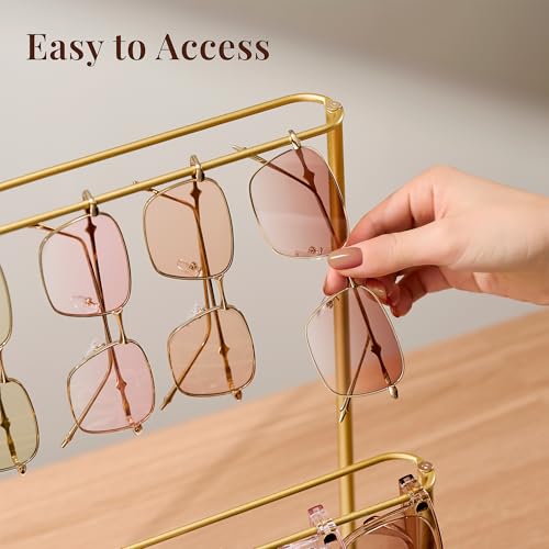 Josmimic Sunglasses Organizer Glasses Holder Stand with Tray, Eye Glasses Display, 2 Tier Sunglass Storage Rack for Multiple Glasses, for Desk, Nightstand, Dresser, Vanity, Metal, Gold - Image 5