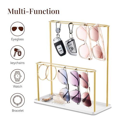 Josmimic Sunglasses Organizer Glasses Holder Stand with Tray, Eye Glasses Display, 2 Tier Sunglass Storage Rack for Multiple Glasses, for Desk, Nightstand, Dresser, Vanity, Metal, Gold - Image 3