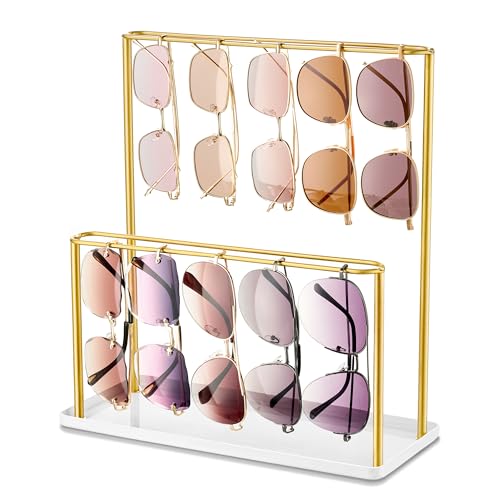 Josmimic Sunglasses Organizer Glasses Holder Stand with Tray, Eye Glasses Display, 2 Tier Sunglass Storage Rack for Multiple Glasses, for Desk, Nightstand, Dresser, Vanity, Metal, Gold - Image 1