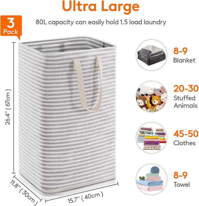 Lifewit 80L Freestanding Laundry Hamper, Collapsible Waterproof Large Laundry Basket with Easy Carry Extended Handles for Clothes, Towels, Toys, Grey, 3 Packs - Image 4