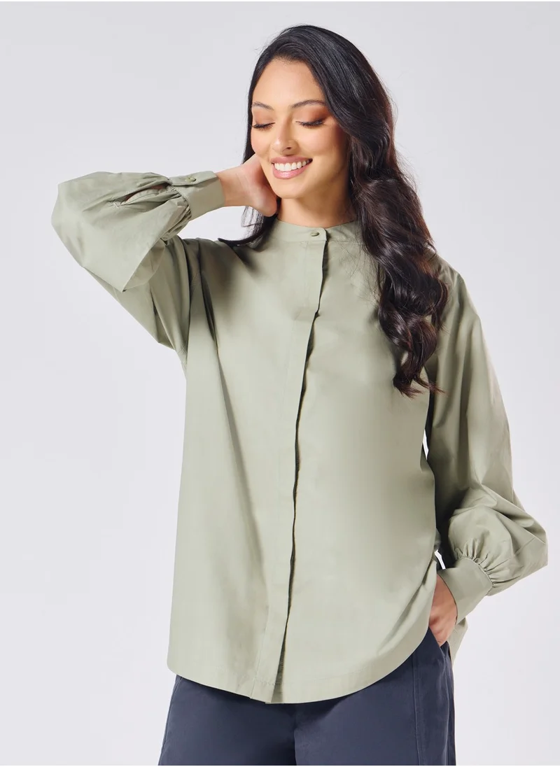 Zigzag Mandarin Collar Cotton Oversized Shirt- Light Grey Green