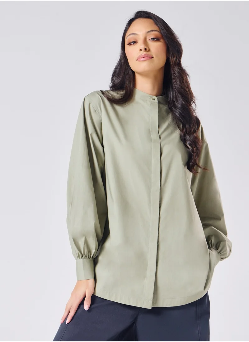 Zigzag Mandarin Collar Cotton Oversized Shirt- Light Grey Green