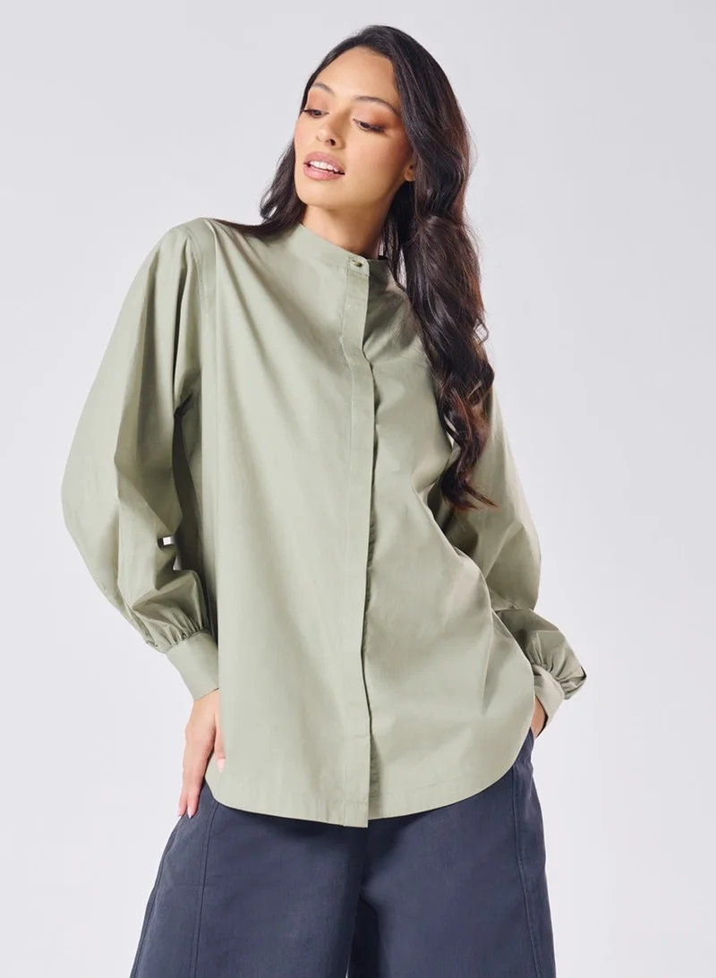 زجزاج قميص قطني كبير الحجم بياقة ماندرين - رمادي فاتح وأخضر