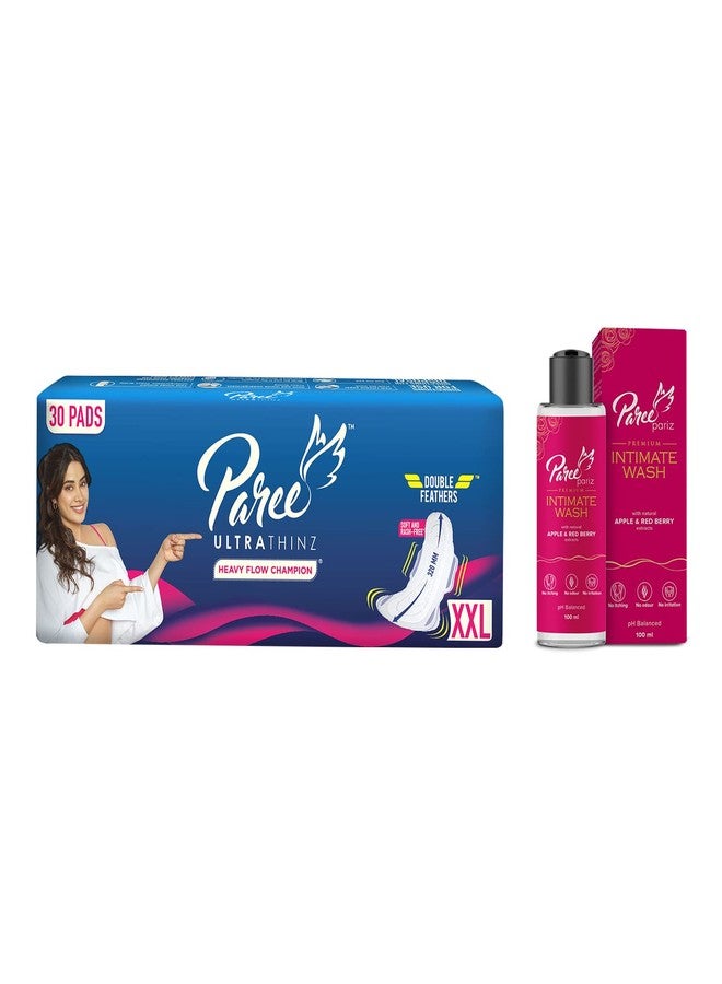 Paree Ultra Thinz Soft & Rash Free Double Feathers XXL Tri-Fold Sanitary Pads, 30 Pads + Paree Pariz Intimate Wash with Apple & Red Berry Extracts (100ml) - Image 1
