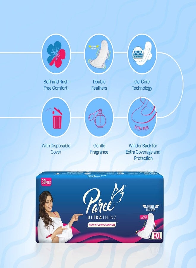 Paree Ultra Thinz Soft & Rash Free Double Feathers XXL Tri-Fold Sanitary Pads, 30 Pads + Paree Pariz Intimate Wash with Apple & Red Berry Extracts (100ml) - Image 4