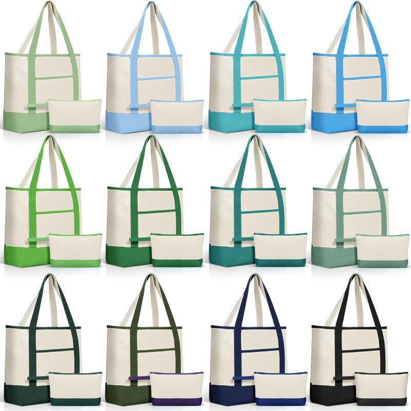 Sanwuta 24 Pcs Canvas Tote Bags Bulk with Outer Pocket and Makeup Pouch 18'' Reusable Grocery Bags with Handles for Women Beach DIY (Blue-green Tones) - Image 1