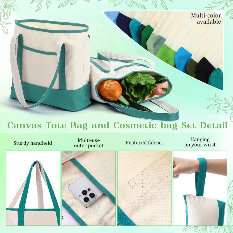 Sanwuta 24 Pcs Canvas Tote Bags Bulk with Outer Pocket and Makeup Pouch 18'' Reusable Grocery Bags with Handles for Women Beach DIY (Blue-green Tones) - Image 3