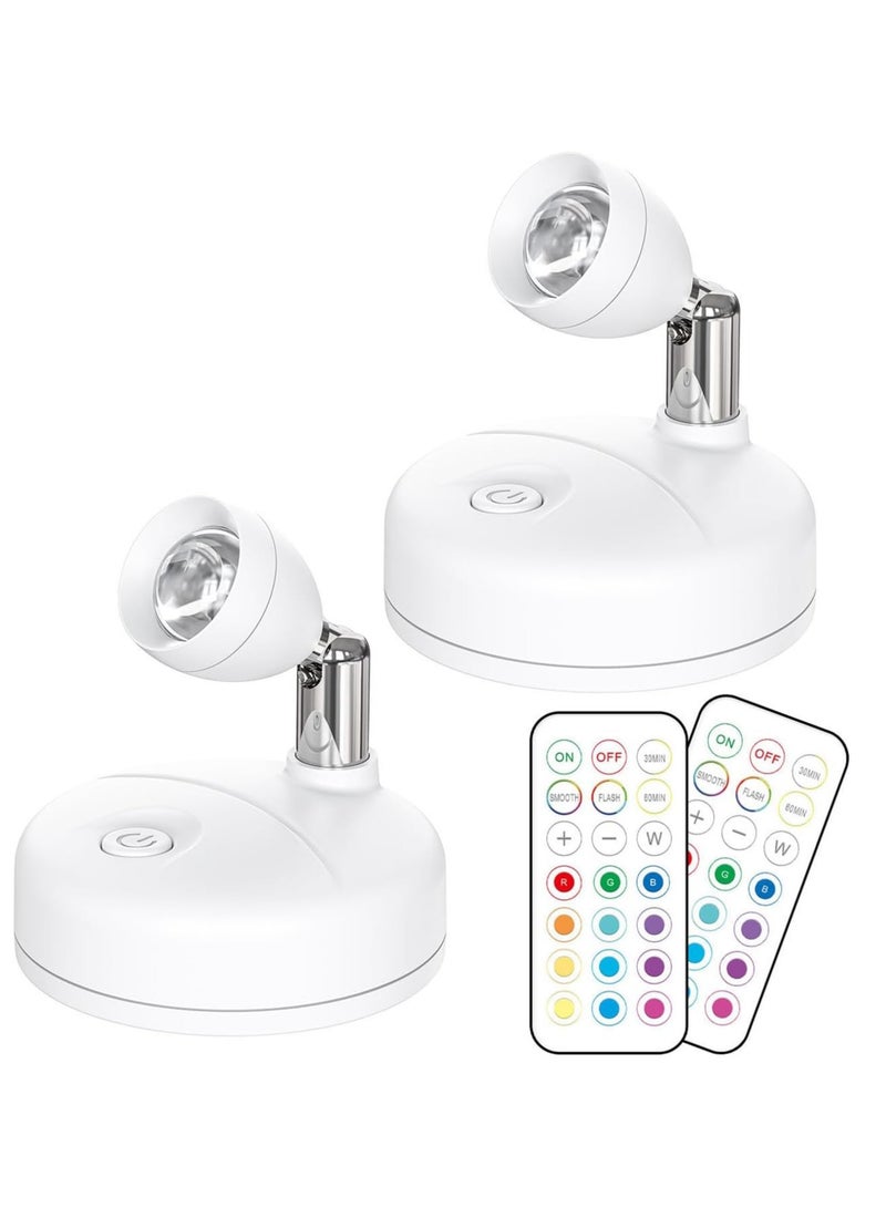 YelaJoy 2Pcs Wireless LED Spotlight, 13 Lighting Colors, Rotatable Timer Uplight Mini Accent Lights, Battery Operated Lights with Remote Control, Dimmable Mini Accent Lighting for Picture Closet Artwork (White) - Image 1