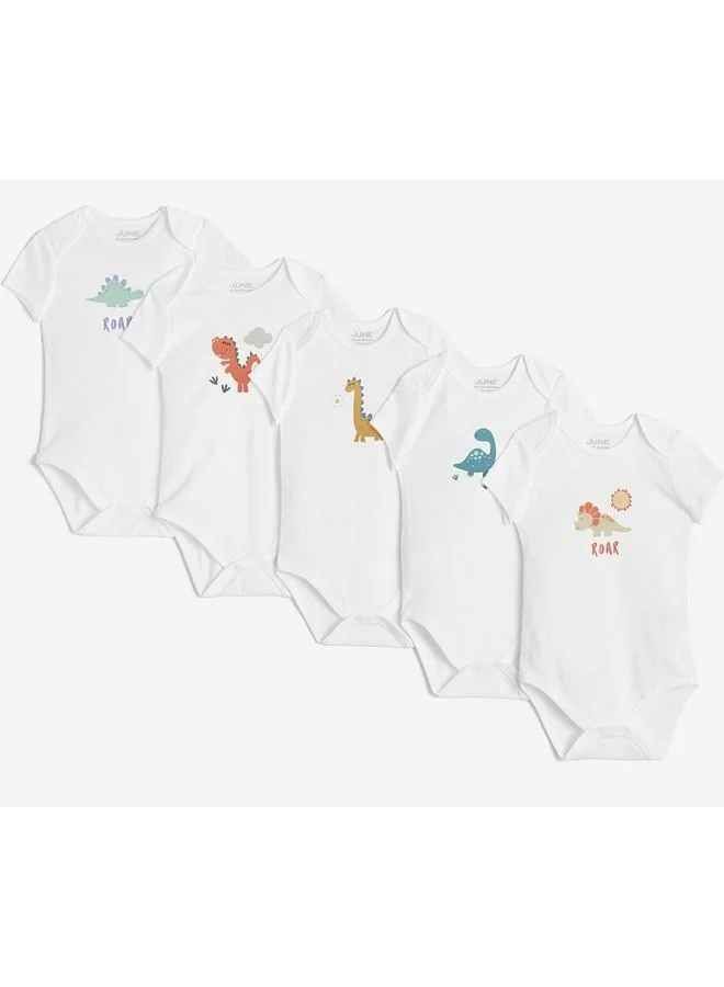 JUNE June Baby Envelope Neck 5-Pack Short Sleeve Dinosaur Printed Bodysuit White