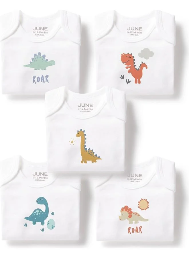 JUNE June Baby Envelope Neck 5-Pack Short Sleeve Dinosaur Printed Bodysuit White