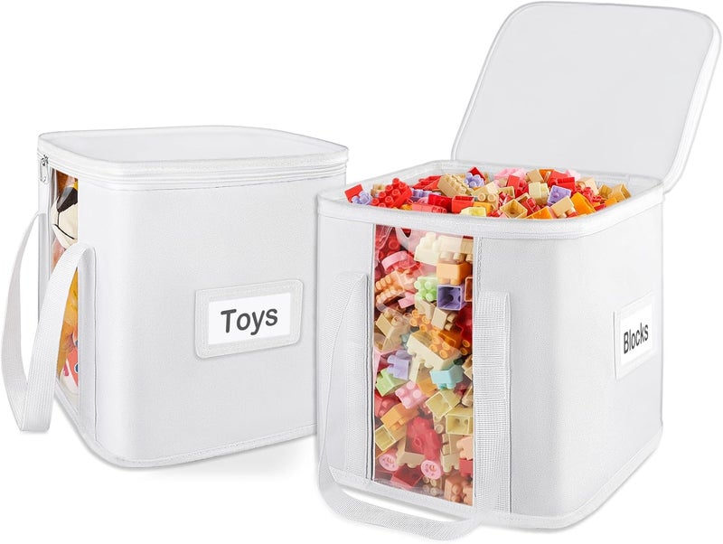 ANROYE 2PCS Toy Cube Storage Bin Kids Building Blocks Organizer Bag with Zipper Lid  Handles Clear Foldable Car Toy Container Box for Cubby Shelves White Small Basket for Living Room Closet Playroom - Image 1