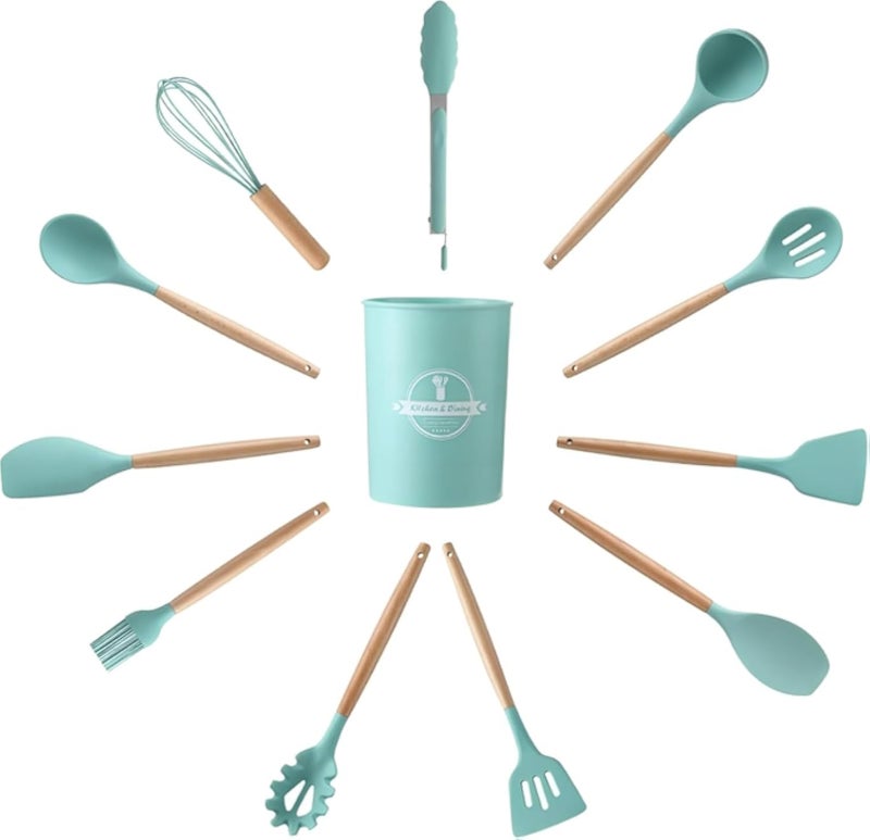 أدوات مطبخ، أدوات طهي سيليكون مع حامل، مناسبة لأواني الطهي غير اللاصقة ومقاومة للحرارة، تتضمن ملعقة مسطحة، ملقط، مضرب، مغرفة، فرشاة، ملعقة تقليب مثقوبة، 12 قطعة (أخضر)