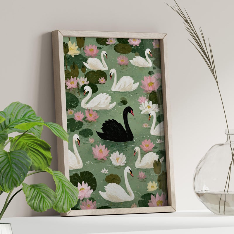 TNESSENTIAL Black Swan Among White Swans Wall Art Poster or Canvas Print, Whimsical Swan Pond Art, Cozy Gouache Illustration, Floral Bird Art Home Decor - Image 1
