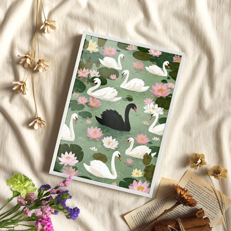 TNESSENTIAL Black Swan Among White Swans Wall Art Poster or Canvas Print, Whimsical Swan Pond Art, Cozy Gouache Illustration, Floral Bird Art Home Decor - Image 3