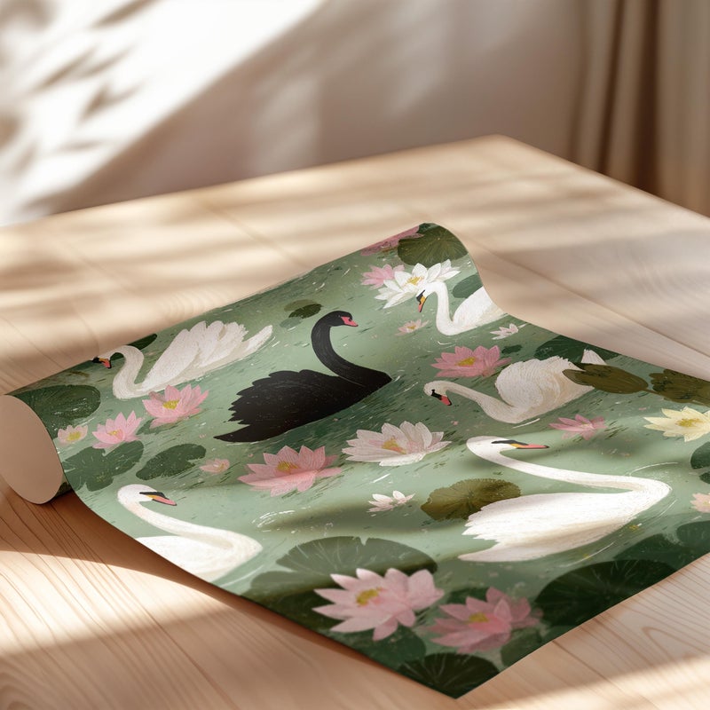 TNESSENTIAL Black Swan Among White Swans Wall Art Poster or Canvas Print, Whimsical Swan Pond Art, Cozy Gouache Illustration, Floral Bird Art Home Decor - Image 2