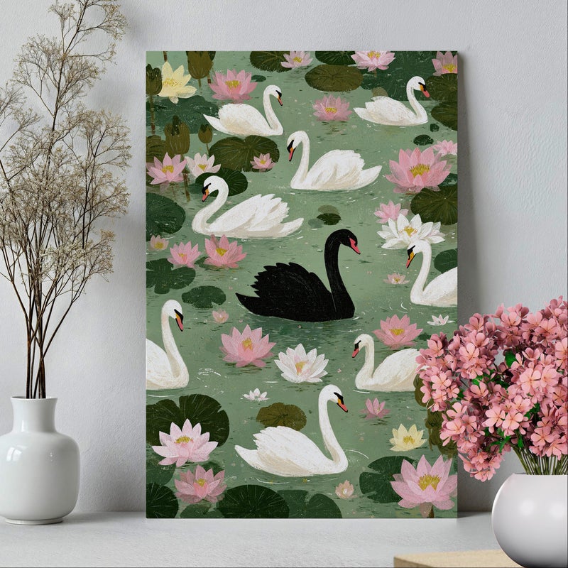 TNESSENTIAL Black Swan Among White Swans Wall Art Poster or Canvas Print, Whimsical Swan Pond Art, Cozy Gouache Illustration, Floral Bird Art Home Decor - Image 4